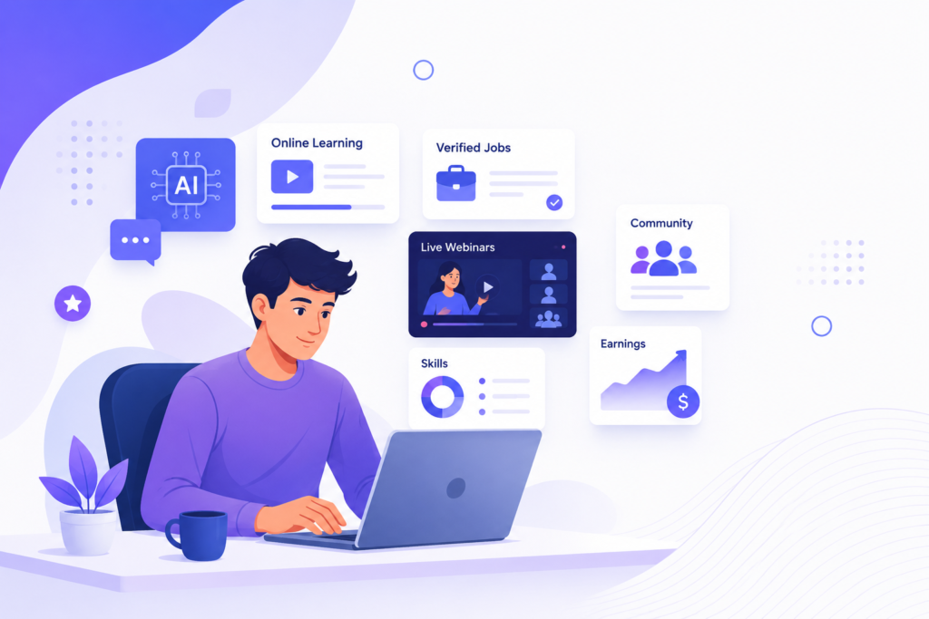 LiviqAI freelancing platform illustration showing AI learning, online courses, verified freelance jobs, webinars, community, skills and career growth.